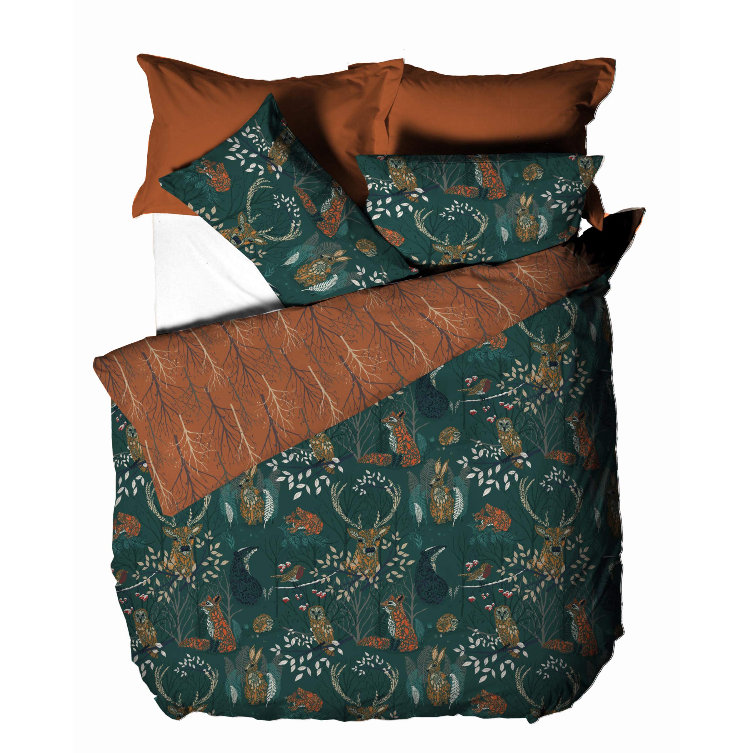furn. Forest Fauna Woodland Duvet Cover Set | King Size | Polycotton | Reversible 4