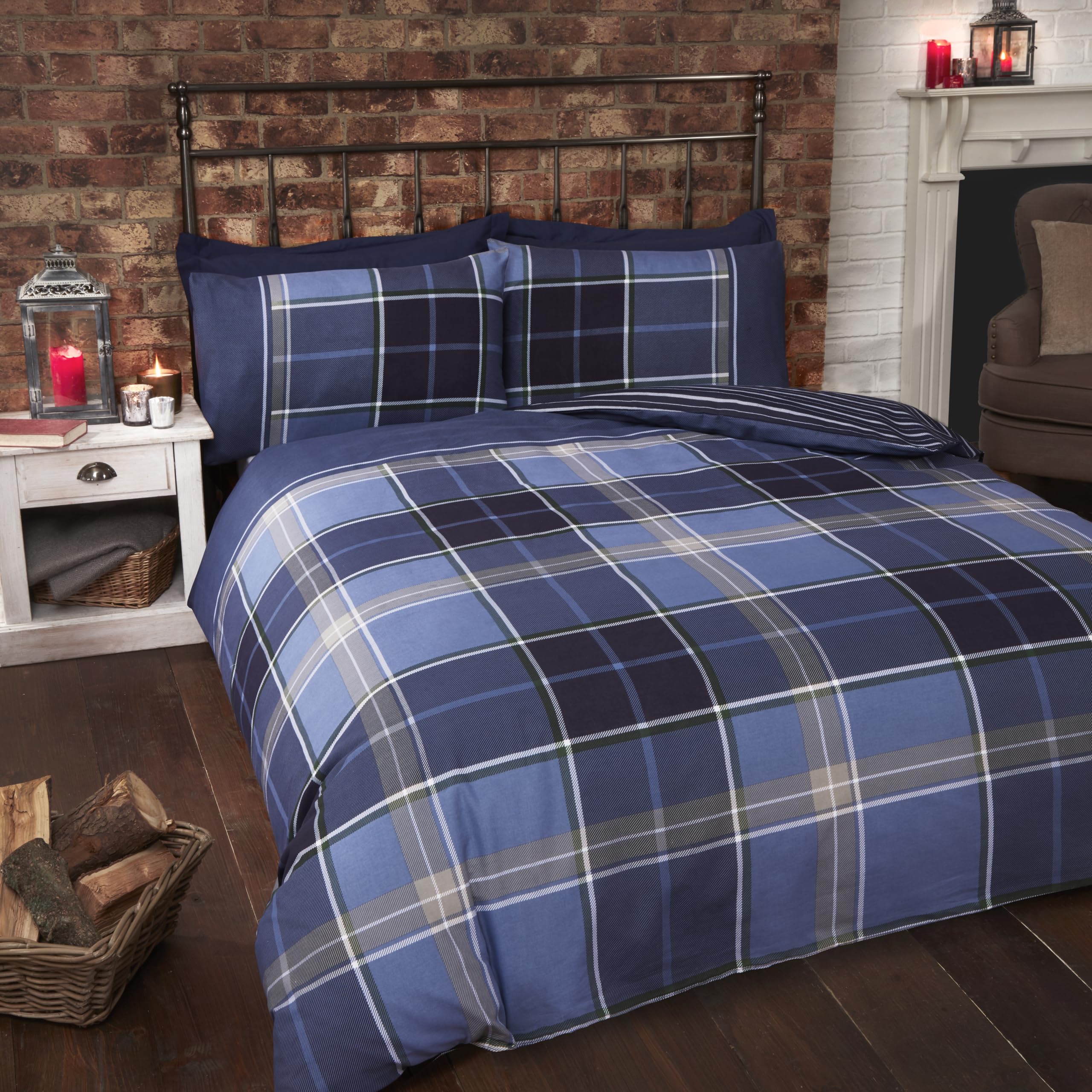 Rapport Home Argyle Tartan Duvet Cover Set - King Size, Reversible, Blue | 52% Polyester/48% Cotton 1