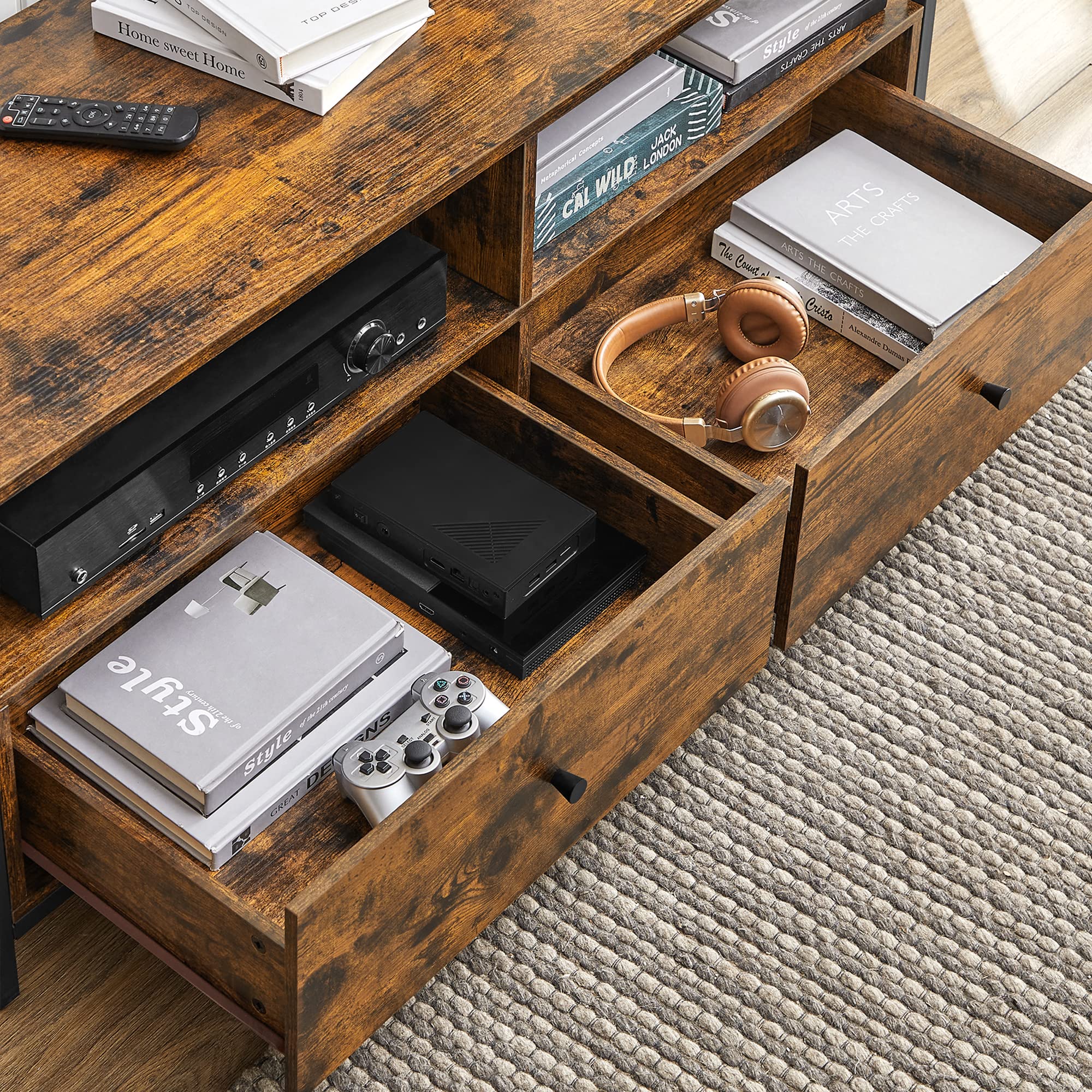 VASAGLE TV Stand for 55-Inch TV - Rustic Brown & Black | 2 Drawers, 2 Shelves | 120cm Wide 5