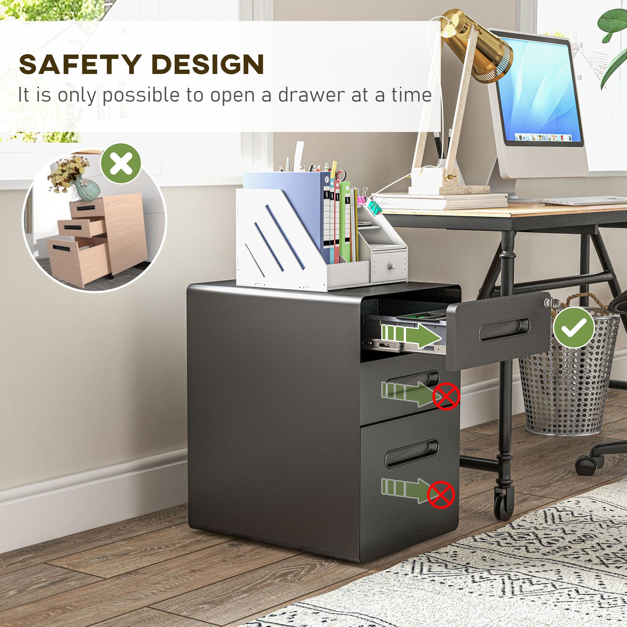 Vinsetto Lockable Mobile File Cabinet with 3 Drawers | Steel Body | Black | 39W x 48D x 59H cm 8