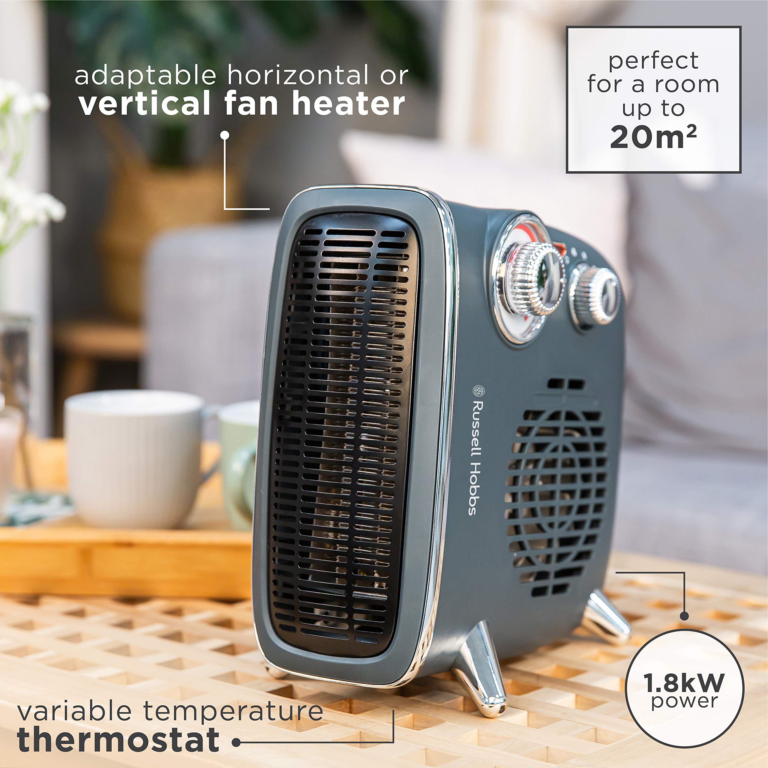 Russell Hobbs Retro Electric Fan Heater - 1.8KW | Adjustable Thermostat | Grey | RHRETHFH1001G 3