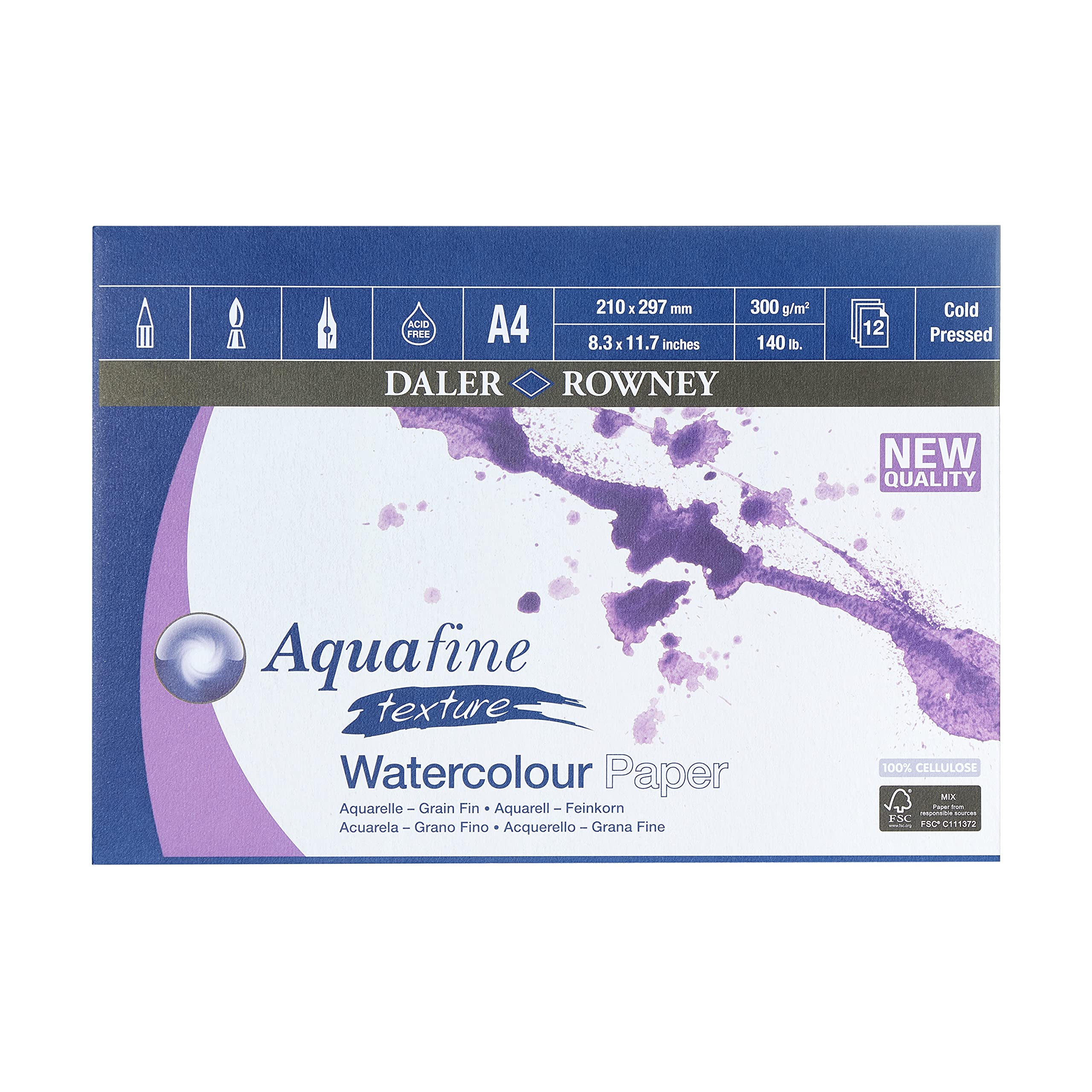 Daler Rowney Aquafine Watercolour Pad A4 12 Sheets 300gsm Cold Pressed NOT Surface White 1