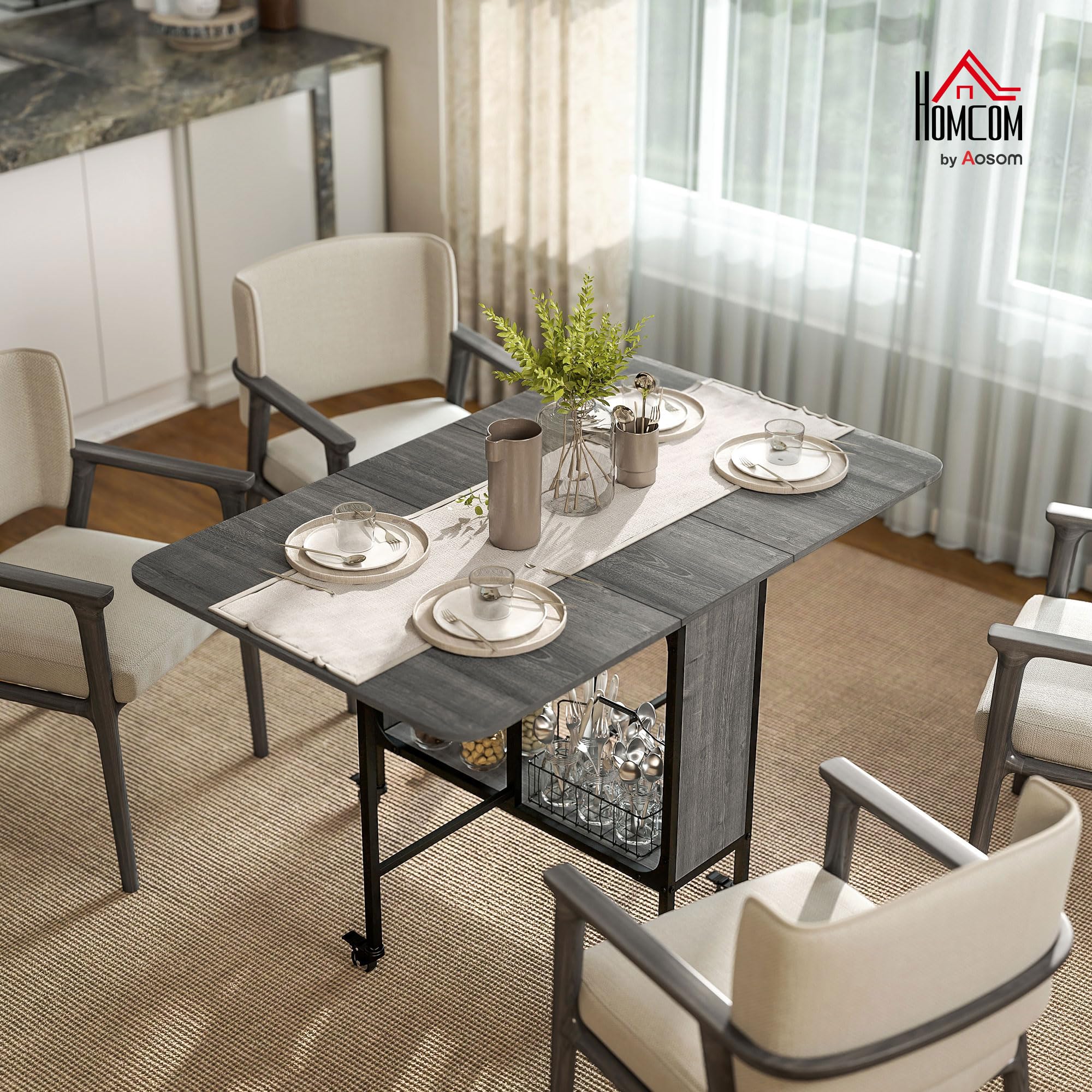 HOMCOM Mobile Drop Leaf Dining Table - Extendable, Foldable, with 6 Wheels & Storage | Grey