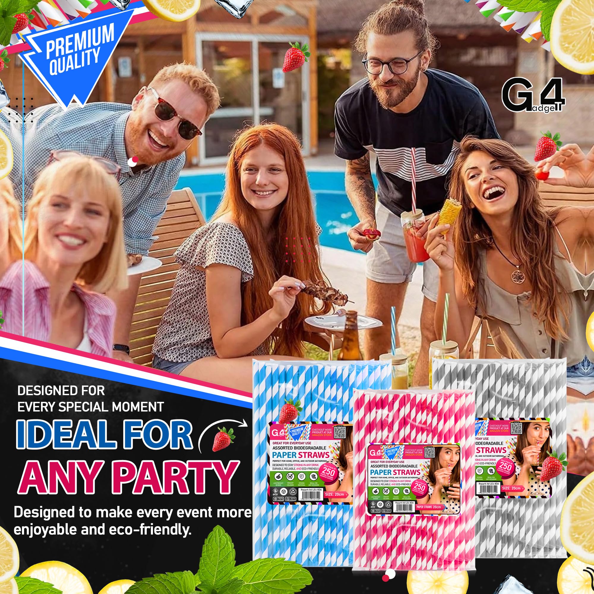 G4GADGET 250-Pack Assorted Biodegradable Paper Straws - Sturdy, Multi-Colored for Drinks & Crafts 6