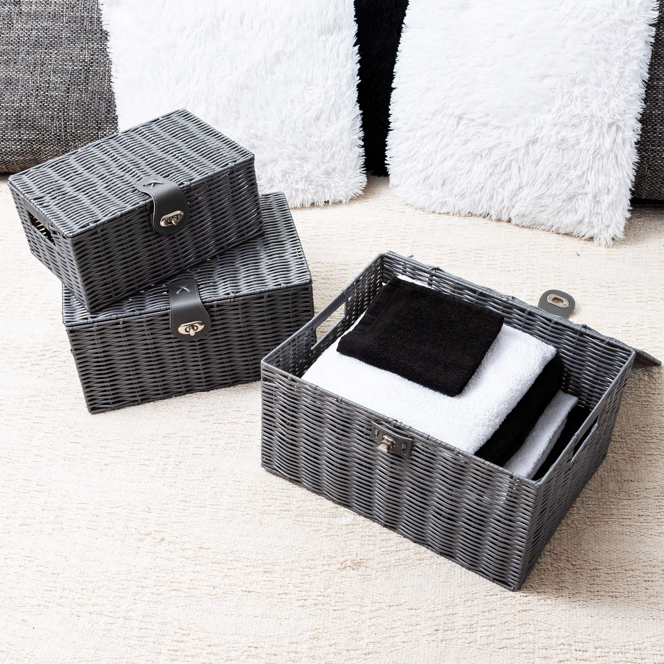 ARPAN Set of 3 Resin Woven Storage Boxes with Lid & Lock | Grey | L, M, S 6