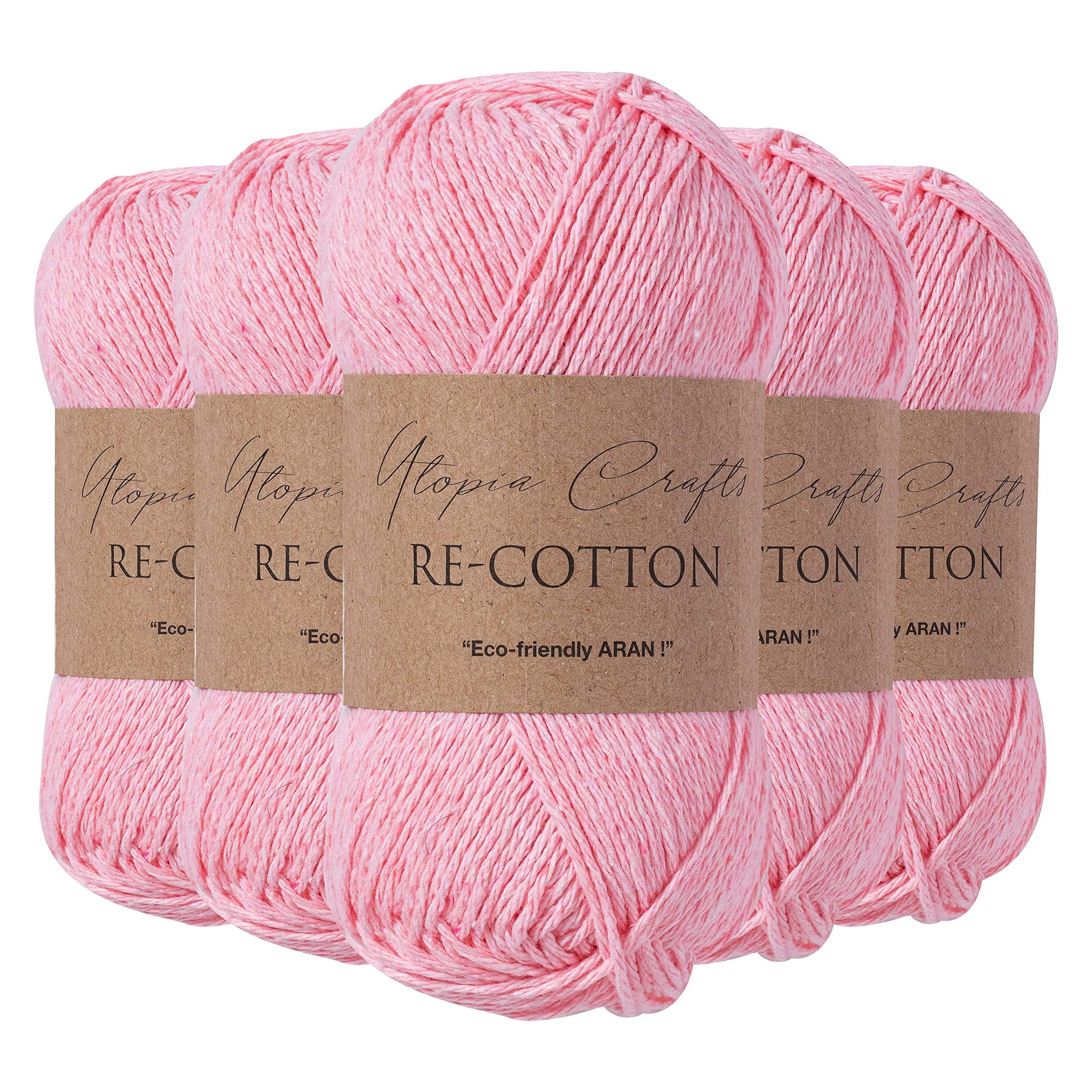 Utopia Crafts Re-Cotton Knitting Yarn - 5 Pack, 500g Total, Light Pink | DK Weight | Vegan 1