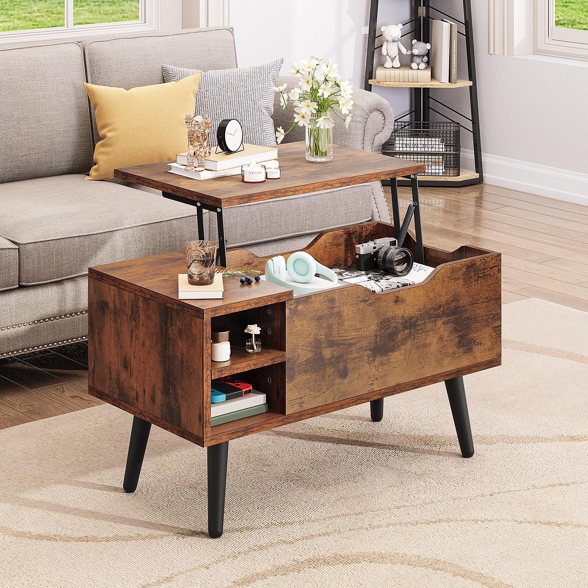 YITAHOME Lift Top Coffee Table - Rustic Brown | Hidden Storage | Removable Side Drawer | 80 x 40 x 61.5 cm 1
