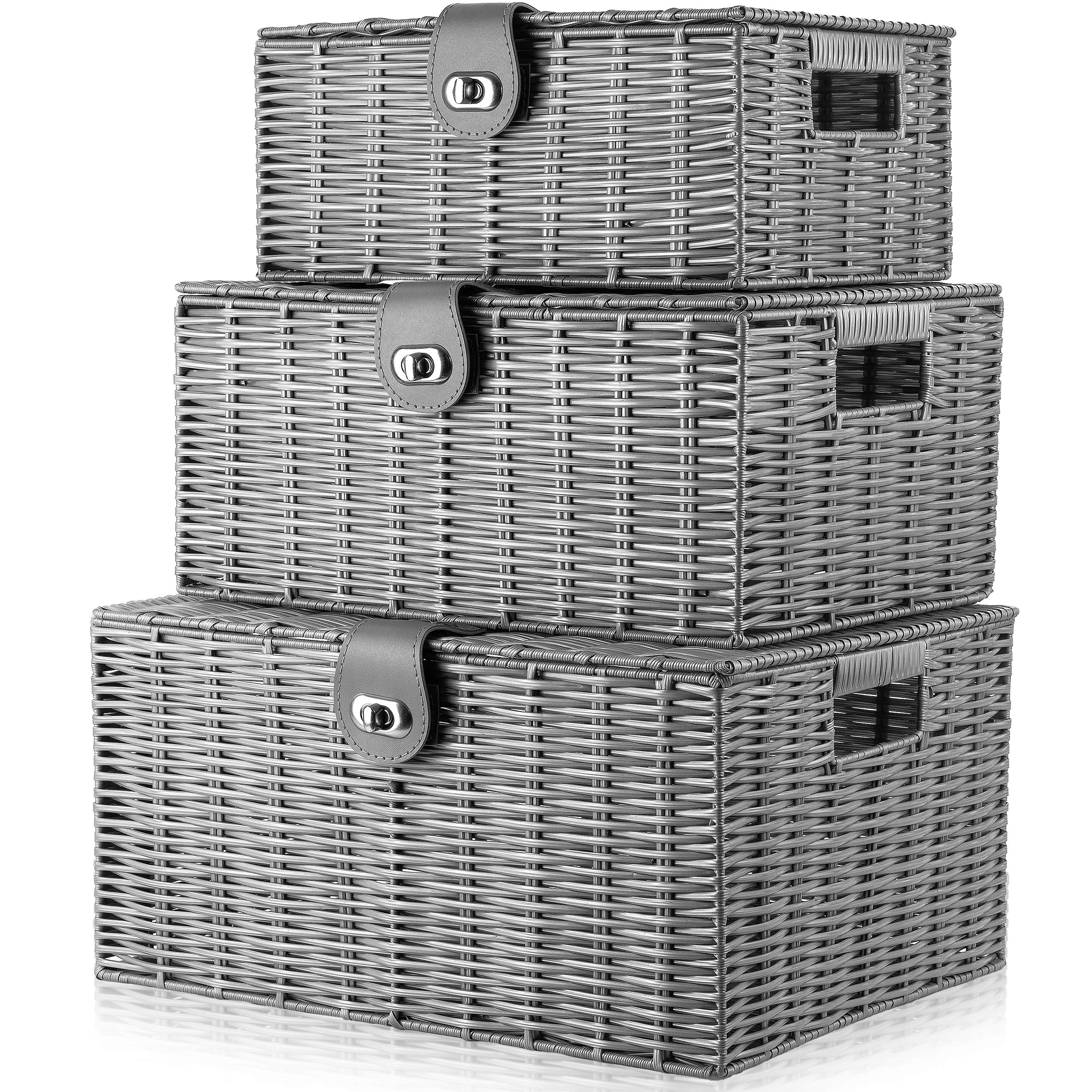 ARPAN Set of 3 Resin Woven Storage Boxes with Lid & Lock | Grey | L, M, S