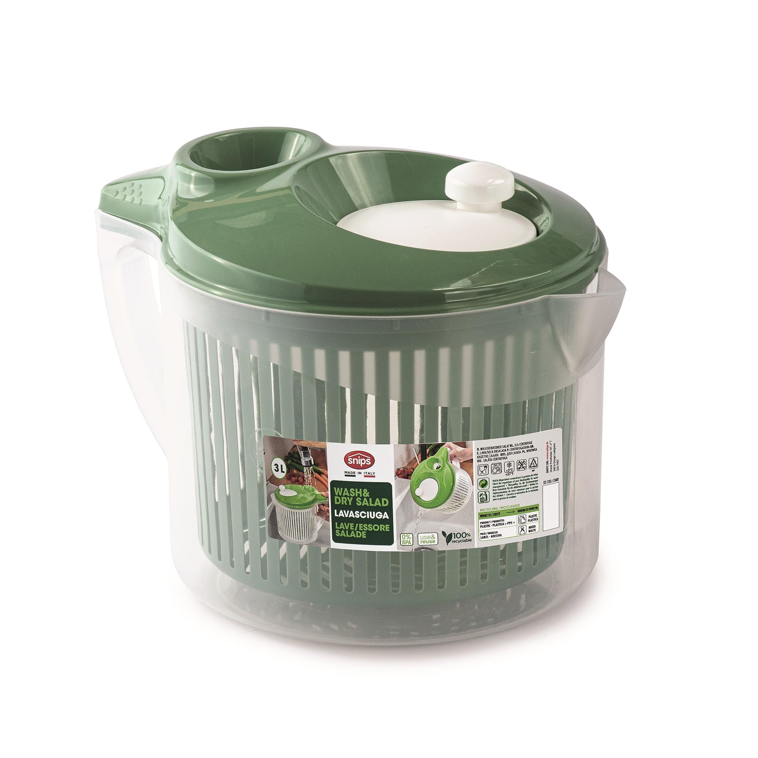 Snips Wash & Dry Salad Spinner - 3 Liters Capacity | Ergonomic Handle | Dishwasher Safe 1