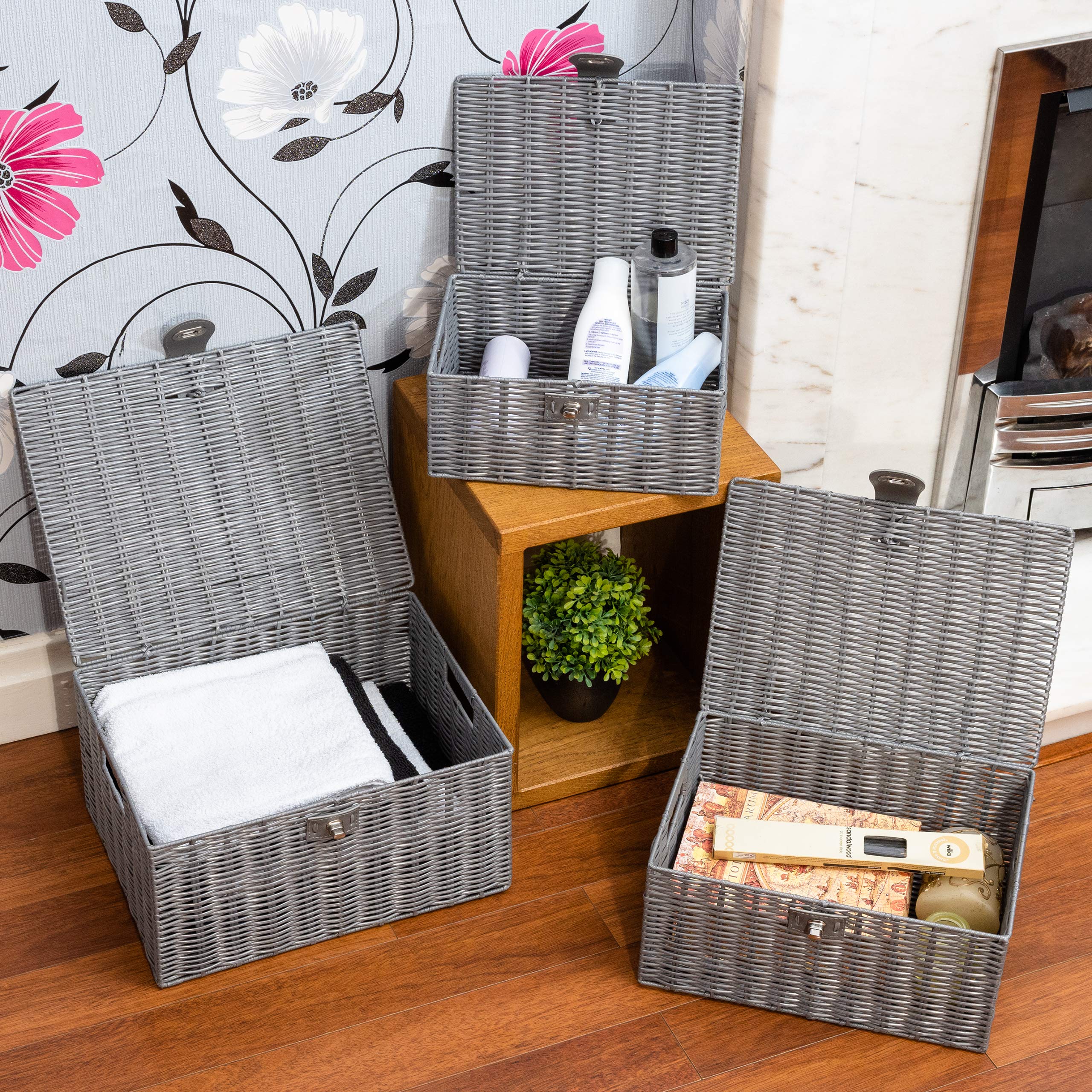 ARPAN Set of 3 Resin Woven Storage Boxes with Lid & Lock | Grey | L, M, S 9