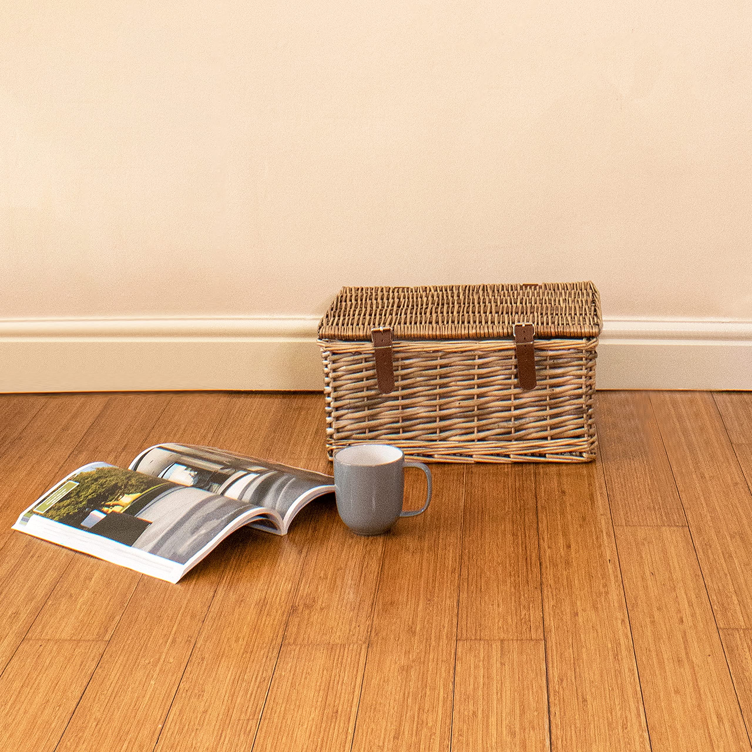 JVL Handmade Buff Wicker Storage Box - Small Size | Faux Leather Straps | Stackable 6