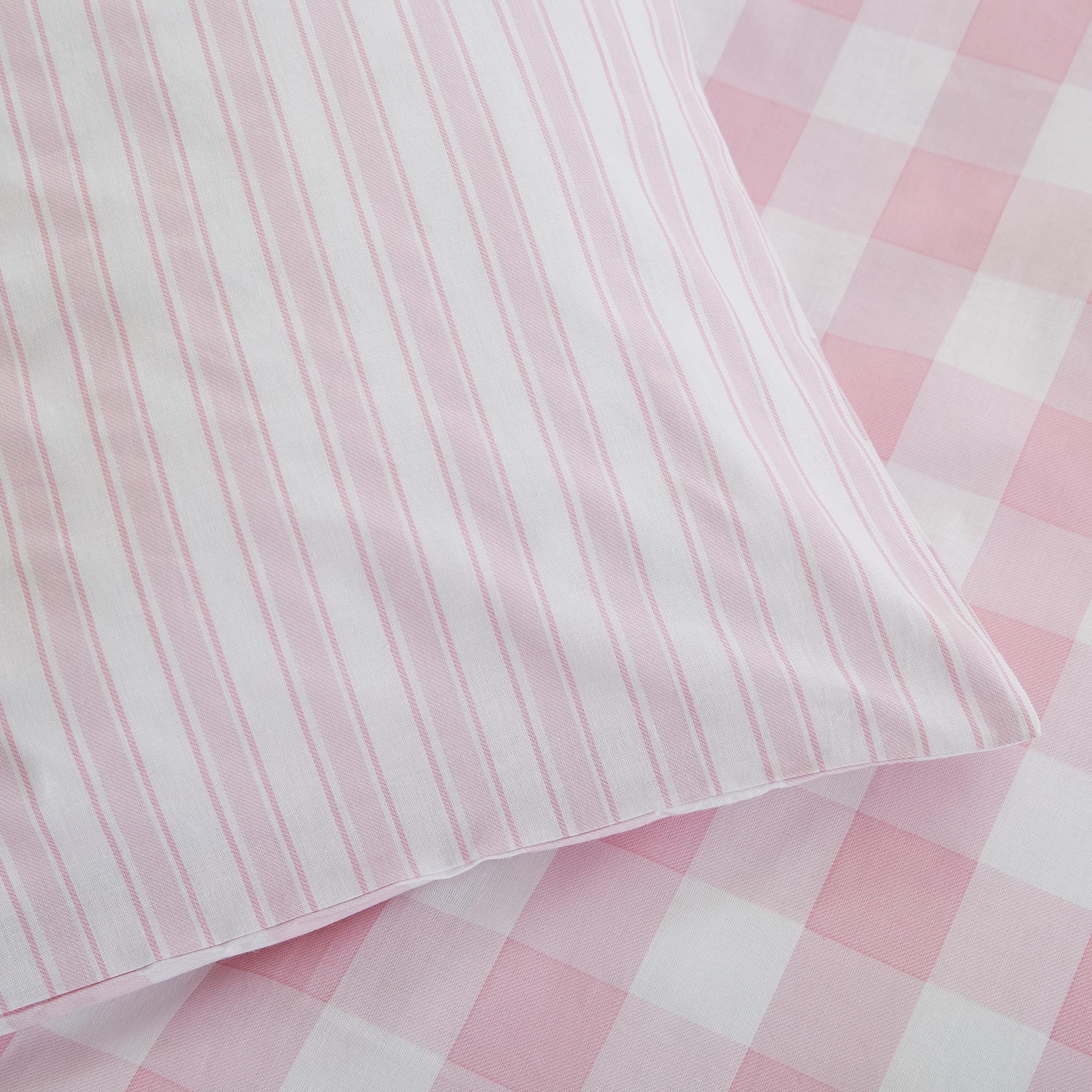 Bianca Check and Stripe Reversible Single Duvet Cover Set | 100% Cotton | Pink 4