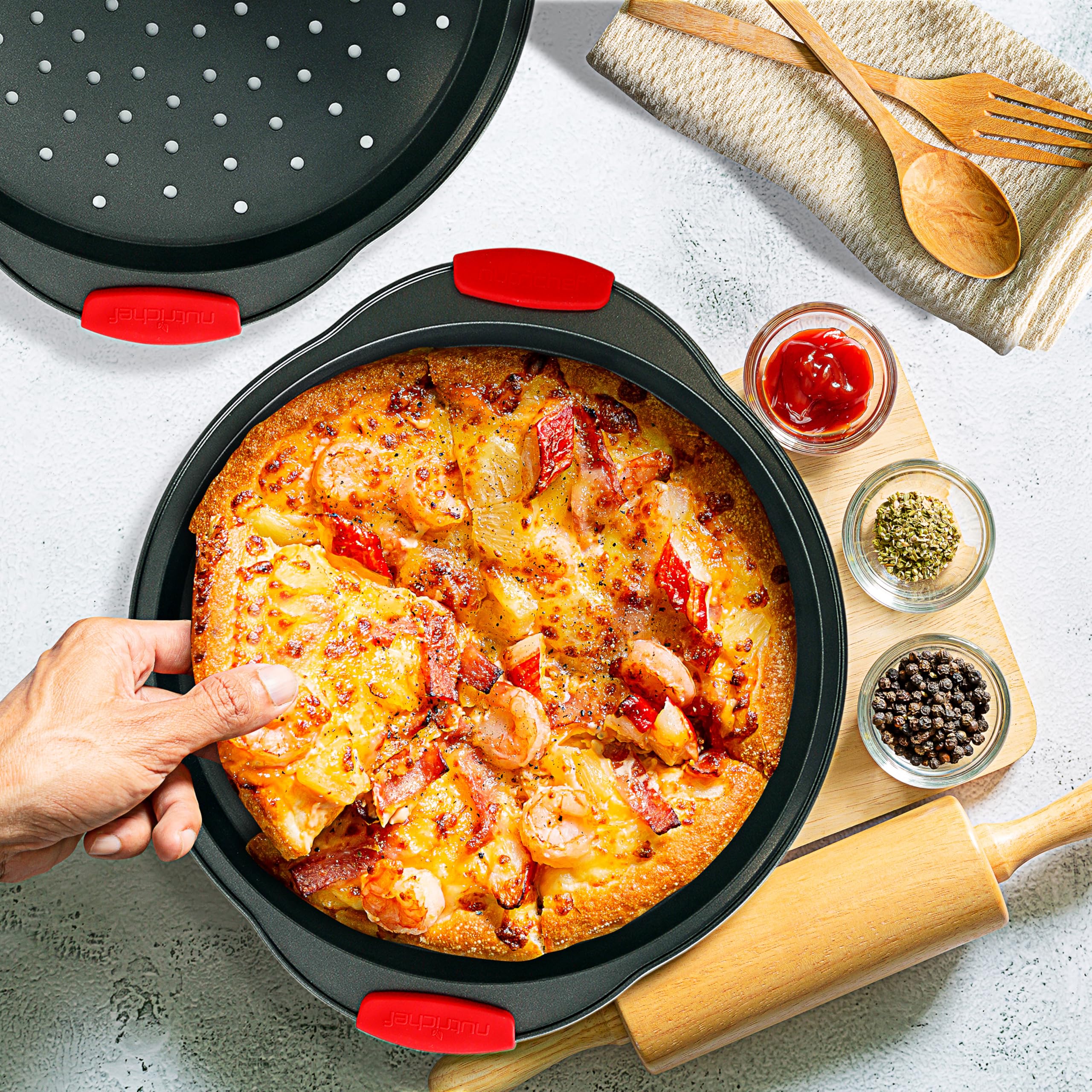 NutriChef 2-Pc. Non-Stick Pizza Tray - Round Steel with Perforated Holes | Dishwasher Safe 5